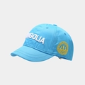 Detailed view of the 3D Mongolia embroidery and stitching on this blue baseball cap - Adjustable / Light Blue