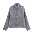 Cárdigan de punto gris oscuro para mujer con cuello alto, cremallera y 22 botones metálicos - S / Versión Gris