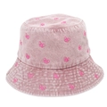 Detailed macro view of pink washed denim bucket hat with hot pink butterfly embroidery - 59cm / Burgundy