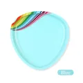 Macro shot of light blue triangular stainless steel tray with colorful rainbow stripe edge - Blue