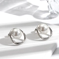 Elegant silver stainless steel twisted oval stud earrings with round white pearl accent - ER-660 / Silver