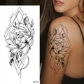 Sketch style temporary tattoo featuring black and white flowers and geometric patterns - Pattern BK-010