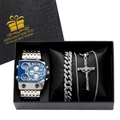 Men gift set with blue square multi-timezone watch, silver Cuban chain and cross pendant - 9315 Silver Blue Necklace Collection