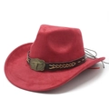 Red thickened suede cowboy hat with vintage bull skull buckle and decorative band - M (56-59cm) / Red