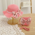 Détail d'un ensemble chapeau de paille rose et sac bandoulière avec nœuds à fleurs - S (Enfants 52cm 1-6 ans) / Chapeau Rouge Pastèque + Sac