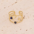 Golden multi-layer open ring with blue stones and celestial sun moon star motifs - Star Moon Blue Stone Triple Layer Style (R099-2)
