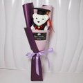 Detail of graduation teddy bear bouquet with purple wrap and sunflower soap flowers - Dark Purple