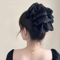 Chouchou floral noir élégant en mousseline plissée pour coiffures en chignon chic - Grande Pince à Cheveux Fleur en Organza Noir Plissé Multicouche (6#)