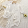 White cotton muslin baby romper and matching ruffle hat set in a two-piece soft outfit - White / 66CM
