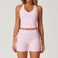 Completo yoga rosa 2 pezzi con reggiseno sportivo a V e pantaloncini a vita alta - S / Canotta + Pantaloncini / Rosa pesca