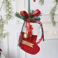 Roter gestrickter Weihnachtssocken-Anhänger mit Zapfen, goldener Glocke und Schleifen - Große Band Anhänger Socke 16*23CM