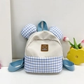 Zainetto per bambini in tela a quadretti beige e blu con toppa Sunday e faccina - Blu