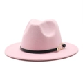 Detailed shot of pink fedora hat featuring black leather band and gold buckle detail - Pink