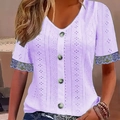Camiseta lavanda de punto calado con encaje y botones de perla para mujer - S / Violeta Claro