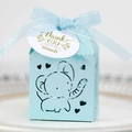 Detail of light blue laser-cut candy box with elephant pattern and chiffon ribbon - Pearl Pale Blue