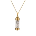 Detail view of gold perfume bottle pendant with Greek key pattern and white stones - 304 Gold White Turquoise
