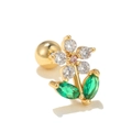 Gold flower stud earring with pink and white crystals and green marquise leaves - Flower
