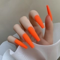 Close-up of matte neon orange extra long ballerina press-on nails for women - Neon Orange-Glossy(CBL-33)