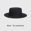 Klassischer schwarzer flacher Strohhut mit breiter Krempe für Sonnenschutz - 54-58cm / Schwarz