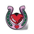 Cute enamel horseshoe pin with red love heart and dots on white background - LOVE Horseshoe