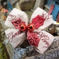 Detail of a beige linen Merry Christmas bow with red berries and metallic holly leaves - Style 19-Beige Linen Xmas Print Red Leaf