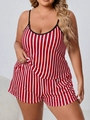 Damen Übergröße Pyjama-Set mit rot-weißen vertikalen Streifen und schwarzem Saum Camisole - S / Rot