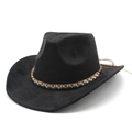 Classic black felt western cowboy hat with ethnic beaded brown woven band at 45-degree angle - M (56-59cm) / Black (Suede)