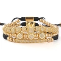 Bracelet couronne dorée pour homme avec perles, corde tressée noire et strass - Ensemble trois pièces / Or