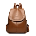 Brown leather anti-theft backpack for women with litchi texture and flap cover design - Regular Fit / Yellow
