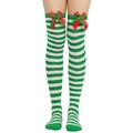 Close-up of green and white striped over-knee socks featuring a red bow decoration - One Size / Red Green Bowknot Decor / Green and White Striped