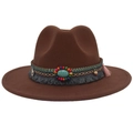 Detail of brown wool felt cowboy hat with turquoise stone and ethnic beaded band trim - Coffee
