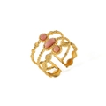 Vintage 18k gold plated stainless steel ring with three pink oval natural stones - Pink Oval Gemstone Hollow Style (HF-J1455)