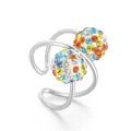 Irregular silver steel ring with colorful crystal double ball design and open band - US 6 / Colorful Zirconia