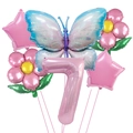 Blue and pink butterfly balloon set with digit 7 and floral stars for party decor - Number 7 / Pearlescent Pink