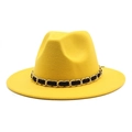 Close-up of bright yellow wool fedora hat with gold chain and black ribbon detailing - M (56-58cm) / Yellow