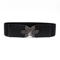 Elastic black waist belt for women with a decorative silver metal leaf buckle - 19267 Black-Hollow Leaf Buckle