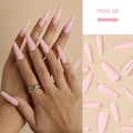 Long matte pink coffin press-on nails in trapezoid shape, model P004-2B on hands - Long Coffin / Matte Light Pink