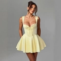 Mini abito a corsetto giallo chiaro senza maniche con pizzo e fiocco decorativo - L / Giallo chiaro