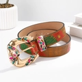 Brown faux leather belt for women with embossed bull head and floral pattern and crystal buckle - 105cm / Flower Style