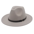 Detail of grey felt fedora featuring black leather band with metal rivets and ring - M (56-58cm) / Light Gray