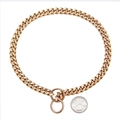 Close-up of 10mm gold Cuban link dog collar with coin for size reference - Rose Gold