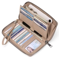 Beige RFID blocking PU leather long wallet featuring multiple card slots and wrist strap - Khaki