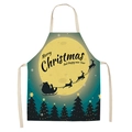 Dettaglio della stampa di Babbo Natale su un grembiule da cucina in lino verde - Stile-29 (Slitta Sopra)