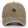 Close-up of green cactus embroidery on vintage washed khaki cotton baseball cap - Khaki