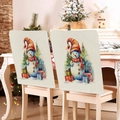 Detailed view of linen texture Christmas chair covers featuring snowman and tree patterns - Christmas Tree and Gifts Snowman Style (YT55-8)