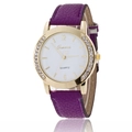 Women's quartz watch with gold rhinestone bezel and purple lychee leather strap - Purple