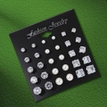 Detailed set of zircon and pearl studs neatly arranged on a professional display card - Pearl Round Square Style (S3637-1)