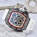 Luxury tonneau skeleton watch with diamond bezel and white rubber strap - White Dial Black Case White Strap