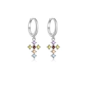 Orecchini a cerchio in argento S925 con pendenti a croce in zirconi colorati - Argento 925 / Base Platino [Multicolore] Croce