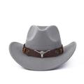 Detailed view of grey wool felt cowboy hat with leather band and bull head ornament - Grey (Brown Leather Band)